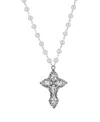 2028 Women's Pewter Clear Crystal Diamon Shaped Stones Cross Imitation Pearl Necklace In White
