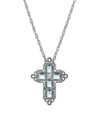 2028 Women's Pewter Rectangle Light Blue Crystal Cross Chain Necklace