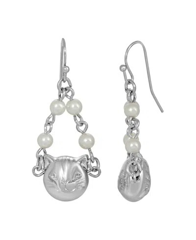 2028 Women's Silver Tone Cat Imitation Pearl Drop Earrings In White