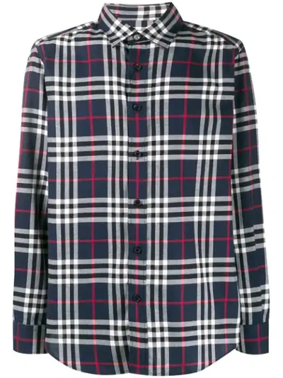 Burberry Embroidered Detail Check Cotton Shirt In Navy