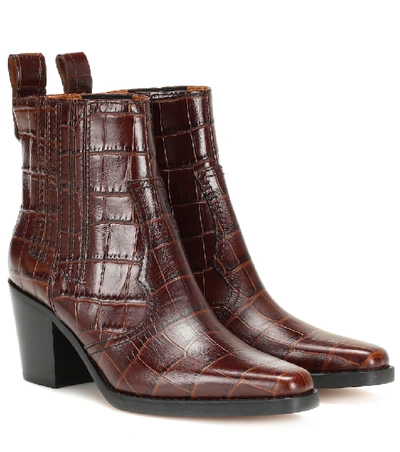 Ganni Croc-effect Leather Ankle Boots In Brown
