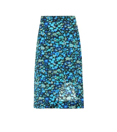 Ganni Floral-print Crepe Midi Skirt In Blue