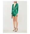 Attico Crystal-embellished Ruched Stretch-velvet Mini Dress In Emerald