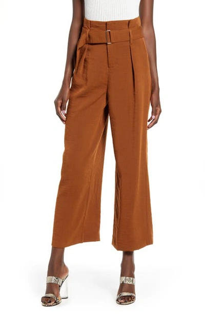 Joa Pleated Wide Leg Crop Trousers In Dark Brown