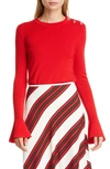 Tory Burch Bijoux Crystal Button Detail Merino Wool Sweater In Red