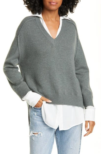 Brochu Walker Wool & Cashmere Layered Pullover In Balsam Olive W/ Wht