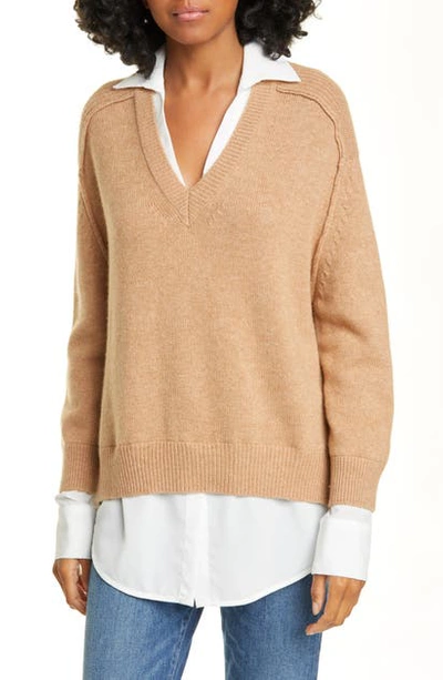 Brochu Walker Wool & Cashmere Layered Pullover In Camel W/ White