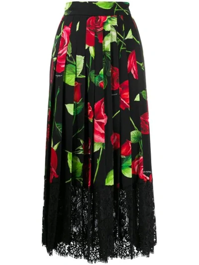 Dolce & Gabbana Lace Trimmed Rose Print Silk Pleated Skirt In Hn01a Rose Fdo Nero