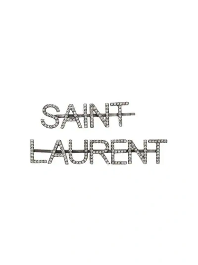 Saint Laurent Crystal-embellished Slogan Barrettes In Silver