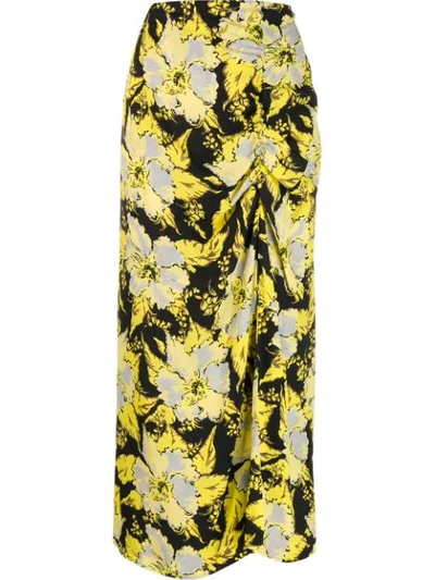 Colville Floral-print Ruched Crepe Midi Skirt In Yellow