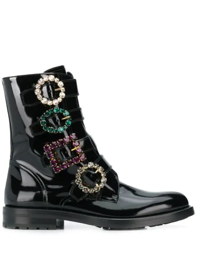Dolce & Gabbana Polished Calfskin Combat Boots With Bejeweled Buckles In Black