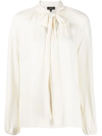 Theory Tie Neck Silk Georgette Blouse In Ivory