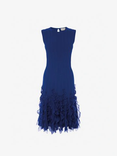 Alexander Mcqueen Sleeveless A Line Knit Midi Dress In Dark Blue,black