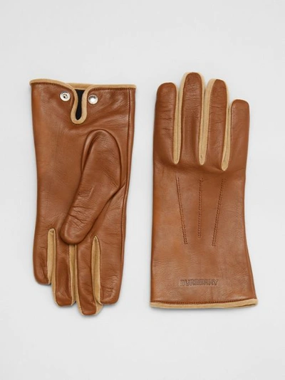 Burberry Embossed Logo Cashmere-lined Lambskin Gloves In Brown