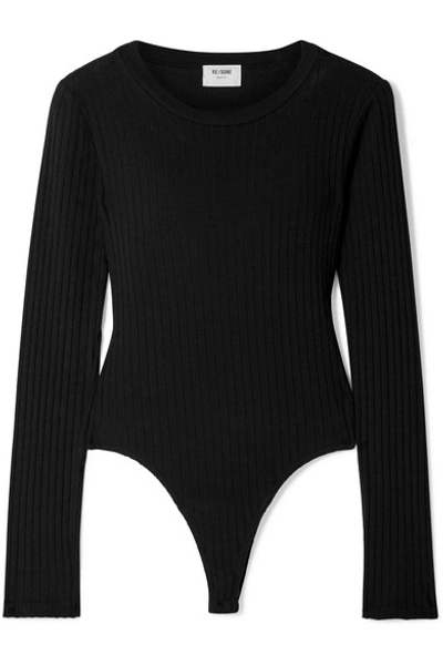 Re/done 60s Ribbed Stretch-modal Jersey Thong Bodysuit In Black