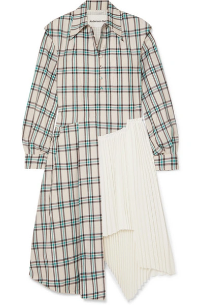 Andersson Bell Olivia Asymmetric Paneled Checked Twill And Pleated Crepe Dress In White