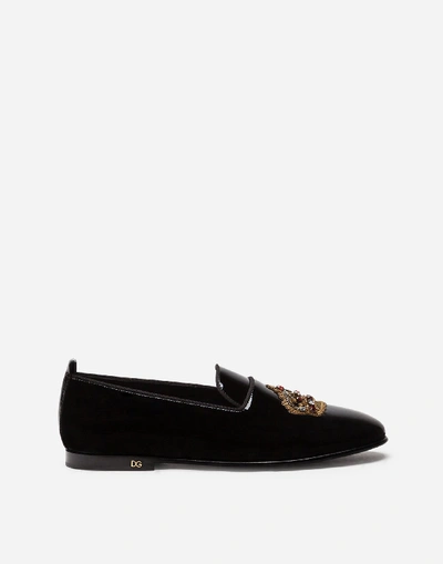 Dolce & Gabbana Patent Leather Slippers With Crown Embroidery In Black