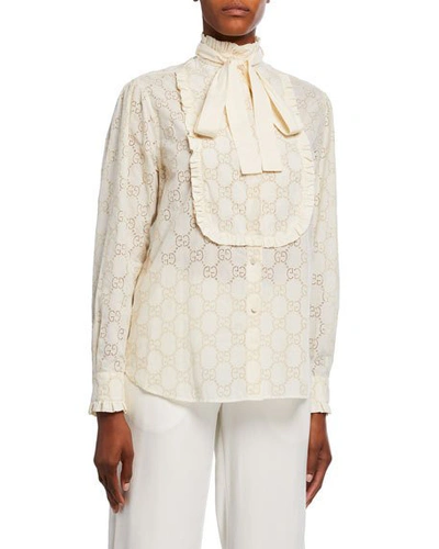 Gucci Gg Broderie-anglaise Cotton-blend Shirt In Ivory
