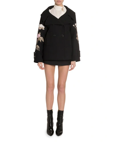 Valentino Floral Embroidered Double Breasted Wool Peacoat In Black Multi