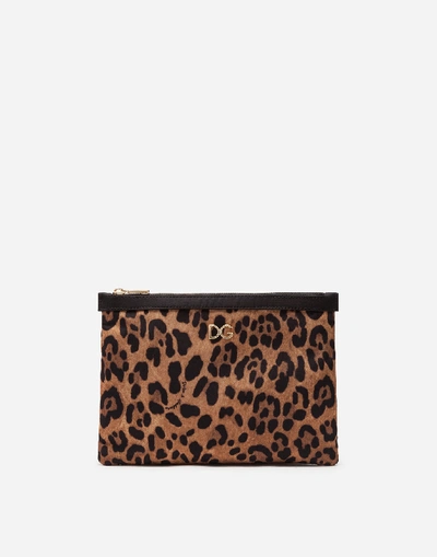 Dolce & Gabbana Leopard Print Nylon Flat Beauty Case In Brown