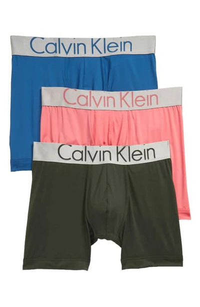 Calvin Klein Steel Micro 3-pack Boxer Briefs In Tempe Blue/ Pomelo/ Duffle Bag
