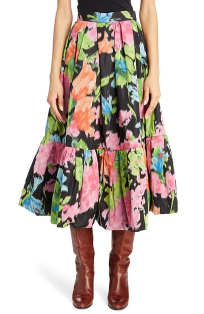 Marc Jacobs Ruffle Hem Floral Silk Taffeta Skirt In Black Multi