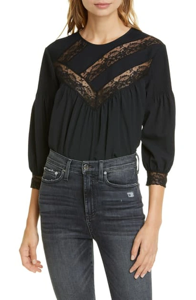 Joie Margette Yoked Button-back Blouse W/ Lace Insets In Caviar