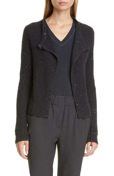 Brunello Cucinelli Sequined English-ribbed Silk/linen Cardigan In Black