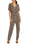 Leota Leopard Print Short Sleeve Crepe Jumpsuit In Leo - Ginger Root