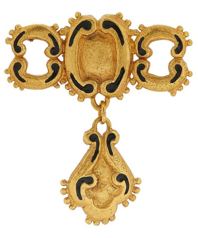 Designer Vintage 1980s Ungaro Gilt Faux Black Lacquer Brooch In Gold