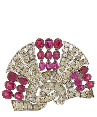 Designer Vintage 1930s White Metal Faux Diamond And Ruby Brooch In Silver