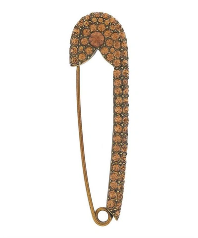 Designer Vintage 1980s Sonia Rykiel Dark Gilt Faux Imperial Topaz Safety Pin Brooch In Gold