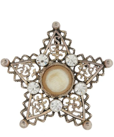 Designer Vintage 1980s Christian Dior White Metal Horn And Faux Diamond Star Brooch In Silver