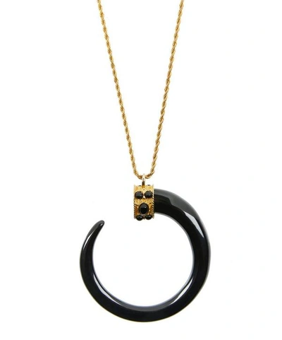 Designer Vintage 1990s Kenneth Lane Gilt Faux Black Lacquer Tusk Pendant Necklace In Gold