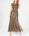 Adrianna Papell Plus Size Floral-beaded Gown In Lead