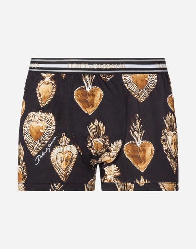 Dolce & Gabbana Cotton Jersey Boxers With Sacred Heart Print In Black Pattern