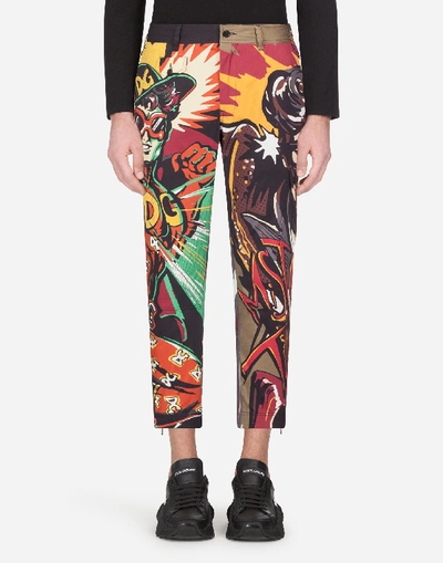 Dolce & Gabbana Stretch Cotton Cargo Pants With Superhero King Print In Hhdd8