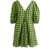 Ganni Check Puff-sleeve Dress In Neon Maize