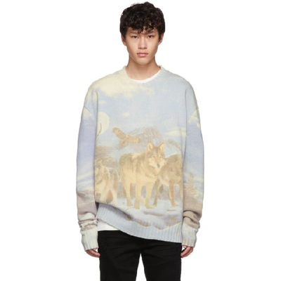 Amiri Wolves Digital Print Wool Sweater In Light Blue,white,beige