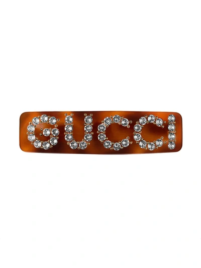 Gucci Gcci Brwn Tortise Crystl Logo Hair Clp - 棕色 In Brown