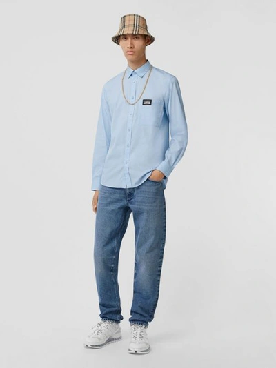 Burberry Logo Detail Stretch Cotton Poplin Shirt In Pale Blue