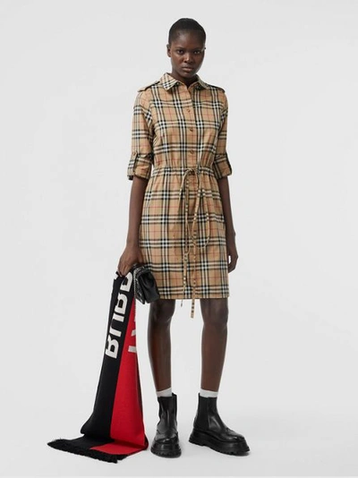 Burberry Vintage Check Stretch Cotton Drawcord Shirt Dress In Archive Beige