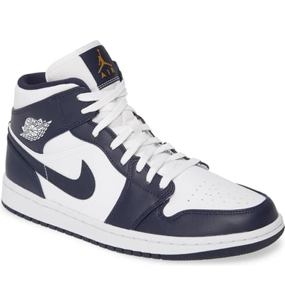Nike 'air Jordan 1 Mid' Sneaker In White/ Metallic Gold/ Obsidian