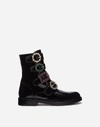 DOLCE & GABBANA POLISHED CALFSKIN COMBAT BOOTS WITH BEJEWELED BUCKLES