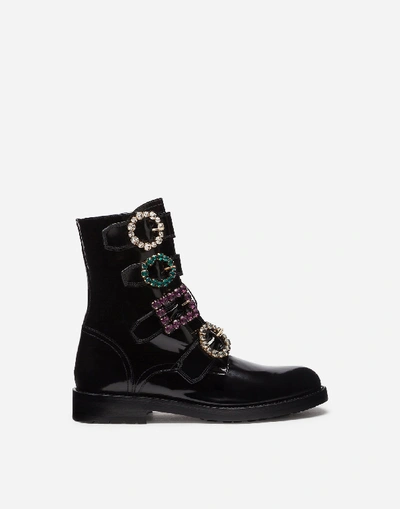 Dolce & Gabbana Polished Calfskin Combat Boots With Bejeweled Buckles In Black