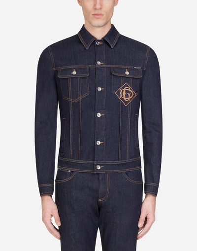 Dolce & Gabbana Stretch Denim Jacket With Patch In Dark Wash