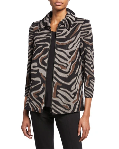 Misook Plus Size Zip-front Animal-print Jacket With Ruched Collar In Black Pattern