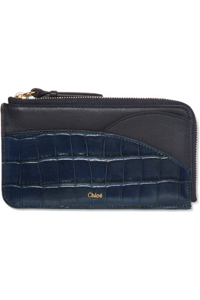 Chloé Walden Smooth And Glossed Croc-effect Leather Cardholder In Blue