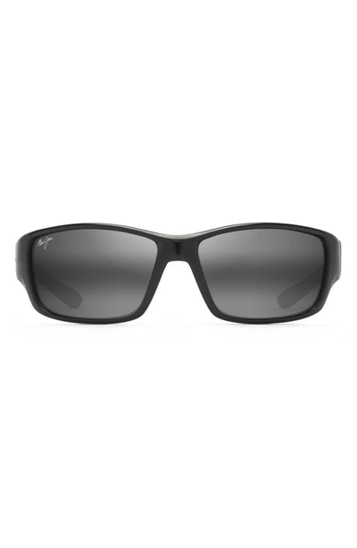 Maui Jim Local Kine 61mm Polarized Wraparound Sunglasses In Black/ Grey/ Maroon