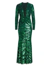 AMEN Leopard-Embroidered Sequin Long-Sleeve Gown